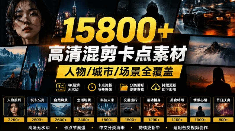 【影视剪辑素材合集】15800+高清混剪卡点｜热门影视精彩片段｜人物/城市/场景全覆盖，中文分类清晰-chywc