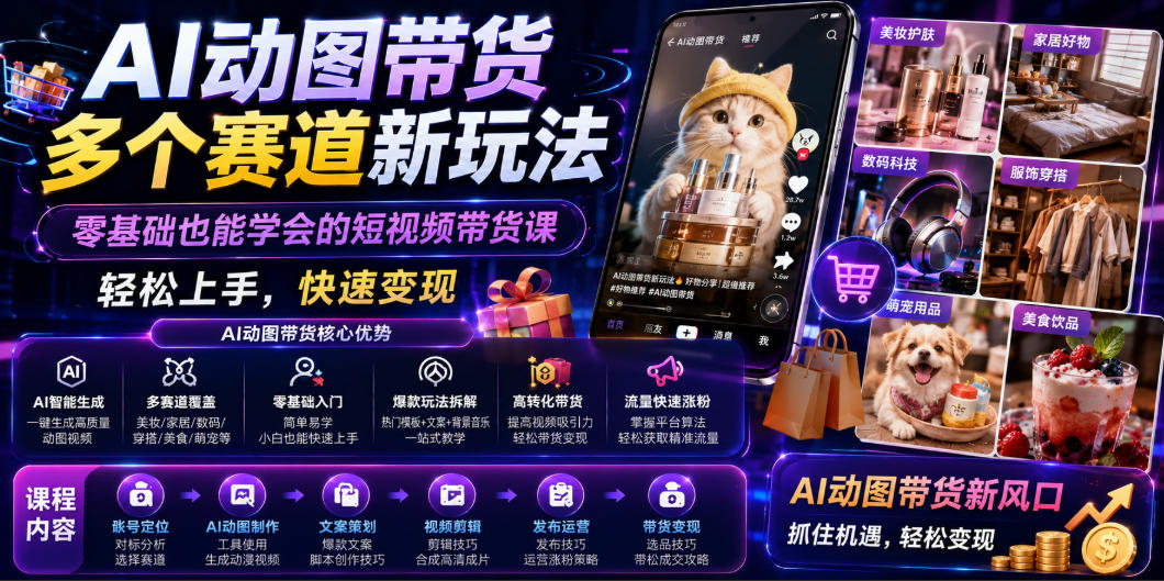 AI动图带货多个赛道新玩法，零基础也能学会的短视频带货课，轻松上手，快速变现-chywc