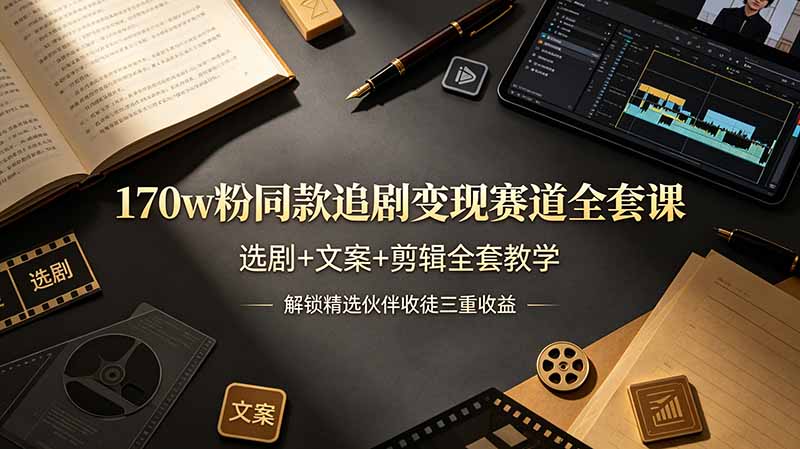 170w粉博主同款追剧变现赛道全套课，选剧+文案+剪辑全套教学，解锁精选伙伴收徒三重收益-chywc