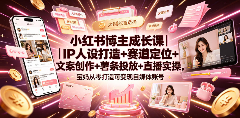 小红书博主成长课｜IP人设打造+赛道定位+文案创作+薯条投放+直播实操，宝妈从零打造可变现自媒体账号-chywc