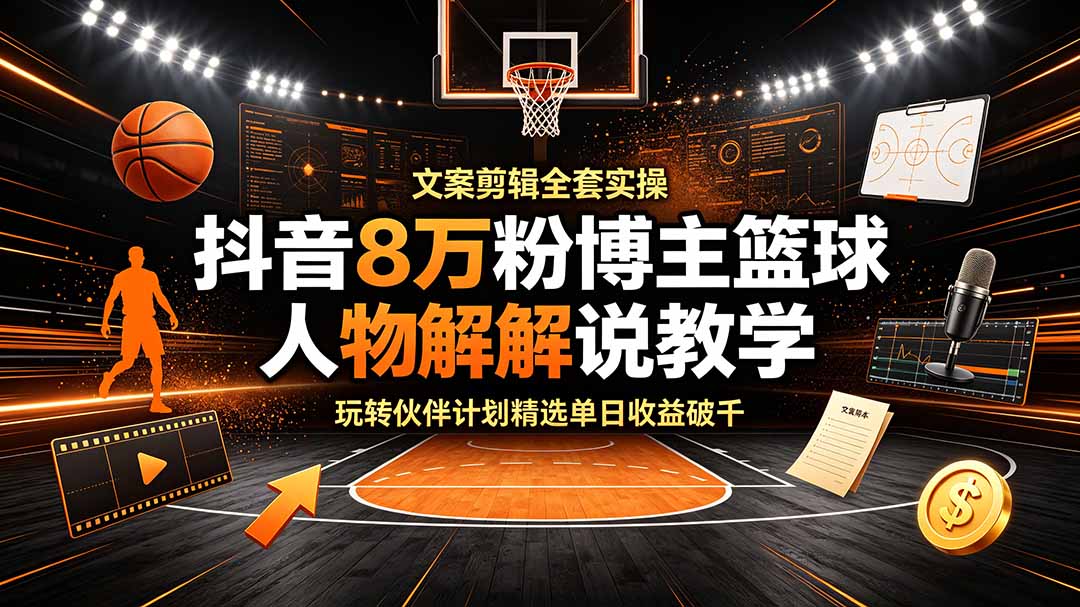 抖音8万粉博主篮球人物解说教学，文案剪辑全套实操，玩转伙伴计划精选单日收益破千-chywc