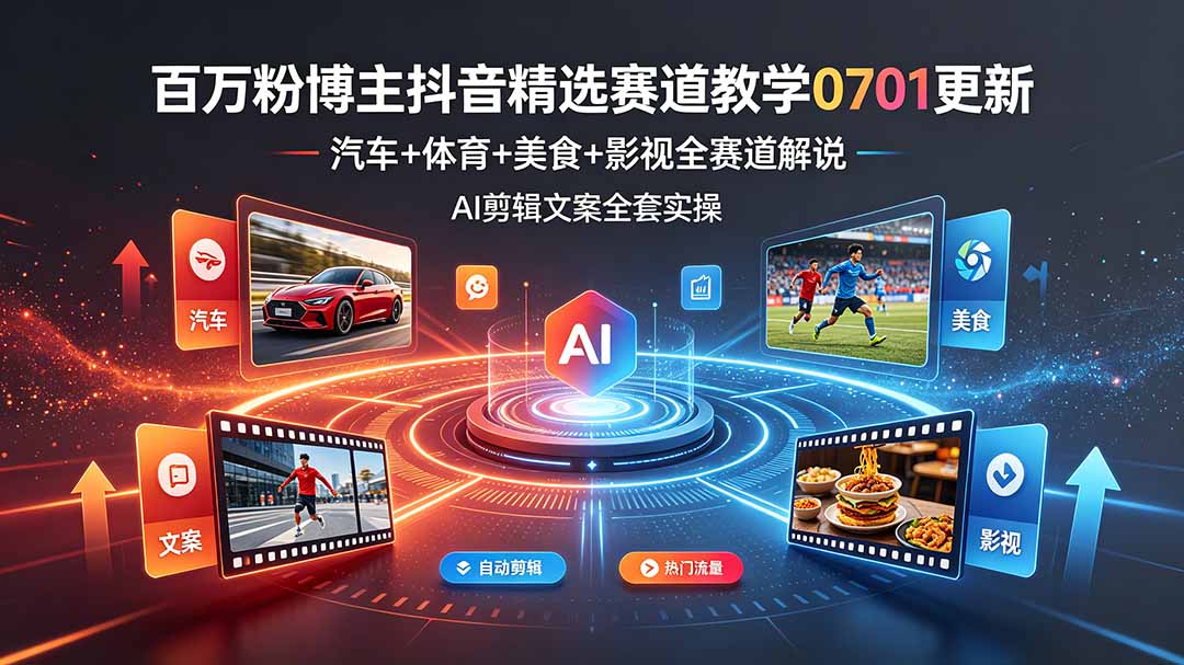 百万粉博主抖音精选赛道教学-0701更新，汽车+体育+美食+影视全赛道解说，AI剪辑文案全套实操-chywc