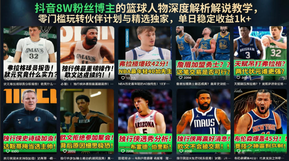 抖音8W粉丝博主的篮球人物深度解析解说教学，零门槛玩转伙伴计划与精选独家，单日稳定收益1k+-chywc