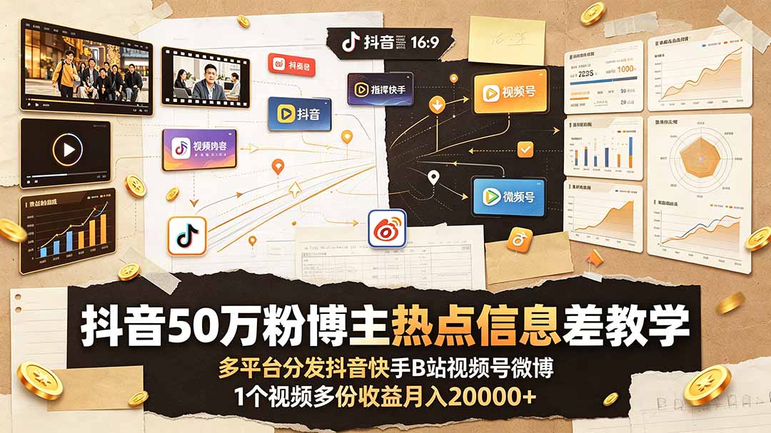 抖音50万粉博主热点信息差教学：多平台分发抖音快手B站视频号微博，1个视频多份收益月入20000+-chywc