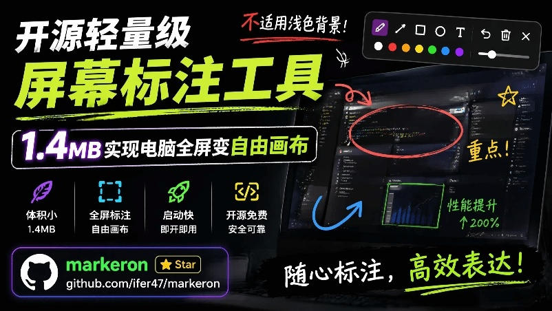 开源轻量级屏幕标注工具，1.4MB实现电脑全屏变自由画布！支持8种标注工具和全键盘操控MarkerOn-chywc