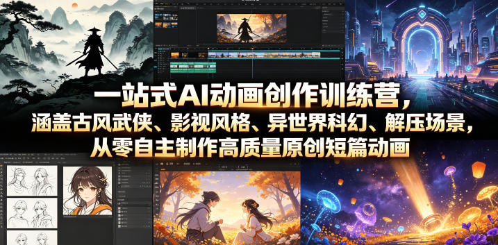 一站式AI动画创作训练营，涵盖古风武侠、影视风格、异世界科幻、解压场景，从零自主制作高质量原创短篇动画-chywc