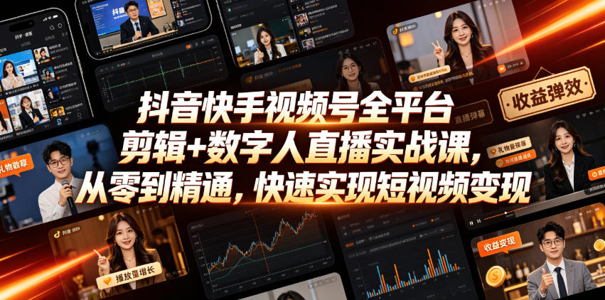 抖音快手视频号全平台剪辑+数字人直播实战课，从零到精通，快速实现短视频变现(更新2026年6月)​-chywc
