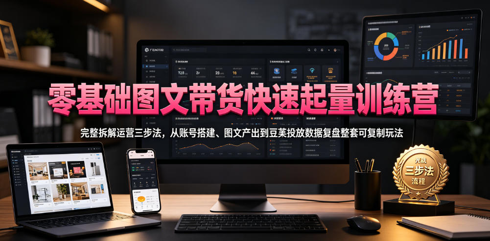 零基础图文带货快速起量训练营，完整拆解运营三步法，从账号搭建、图文产出到豆荚投放数据复盘整套可复制玩法-chywc