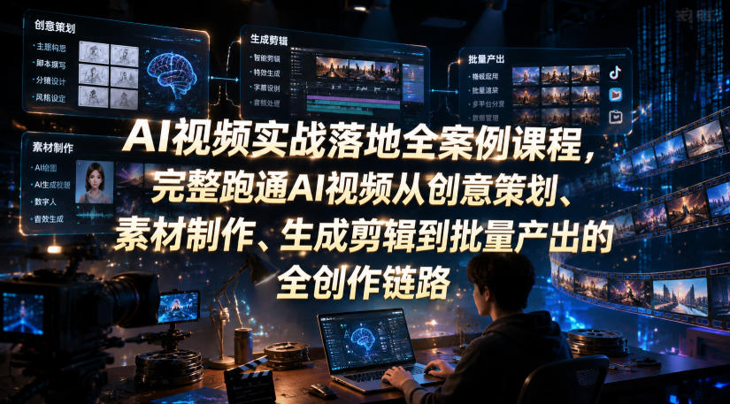 AI视频实战落地全案例课程，完整跑通AI视频从创意策划、素材制作、生成剪辑到批量产出的全创作链路-chywc