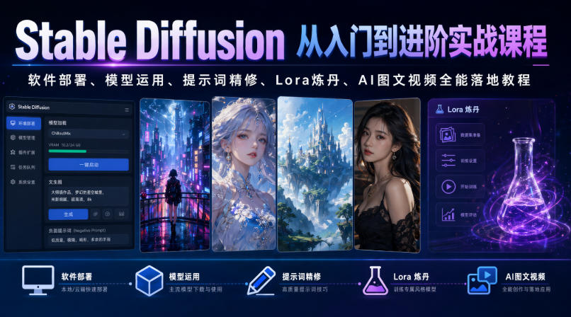 Stable Diffusion从入门到进阶实战课程｜软件部署、模型运用、提示词精修、Lora炼丹、AI图文视频全能落地教程-chywc