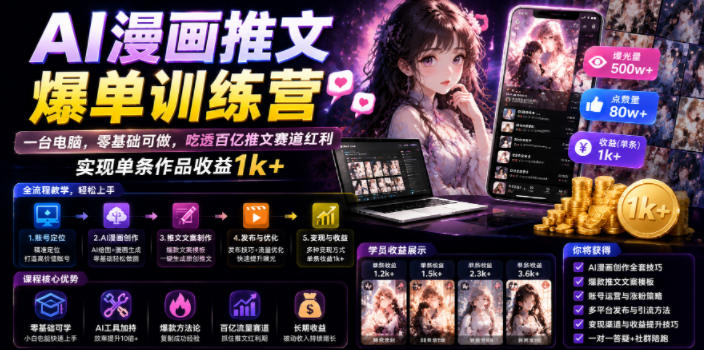 AI漫画推文爆单训练营，一台电脑，零基础可做，吃透百亿推文赛道红利，实现单条作品收益1k+-chywc
