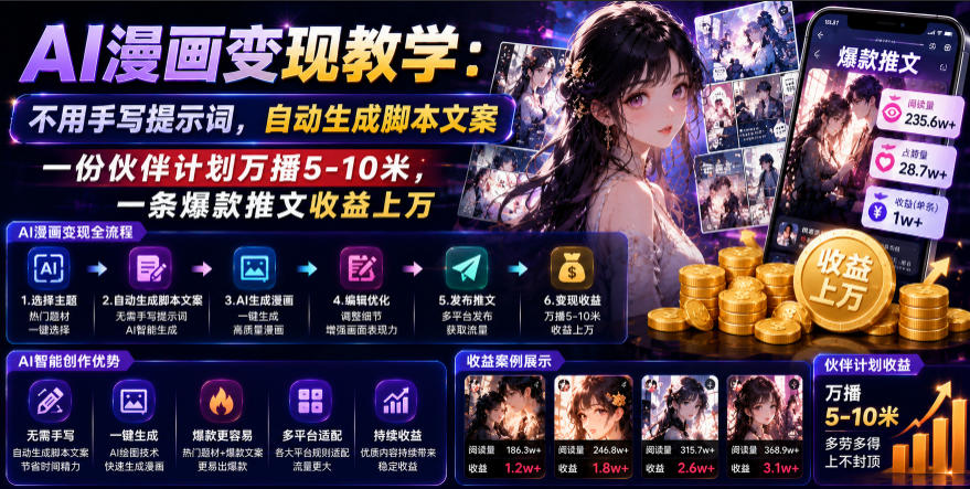 AI漫画变现教学：不用手写提示词，自动生成脚本文案，一份伙伴计划万播5-10米，一条爆款推文收益上W-chywc