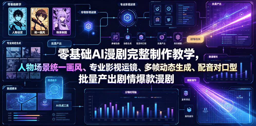 零基础AI漫剧完整制作教学，人物场景统一画风、专业影视运镜、多帧动态生成、配音对口型，批量产出剧情爆款漫剧-chywc