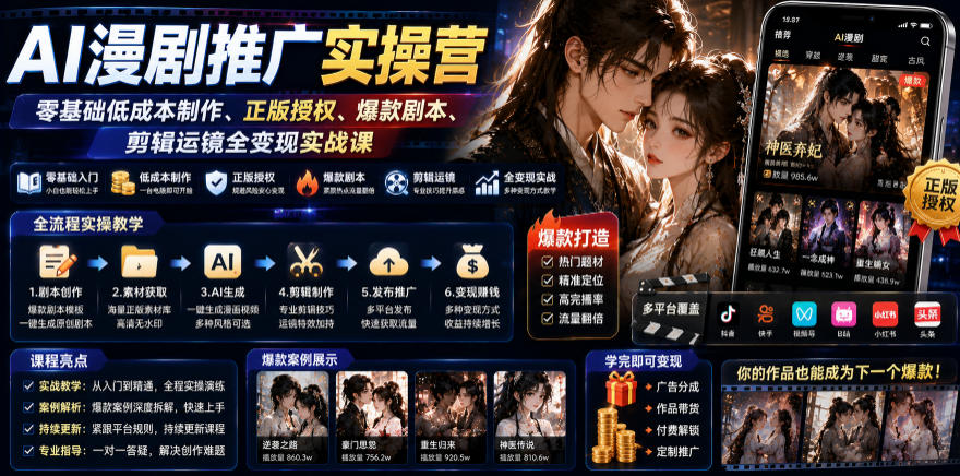 AI漫剧推广实操营｜零基础低成本制作、正版授权、爆款剧本、剪辑运镜全变现实战课-chywc