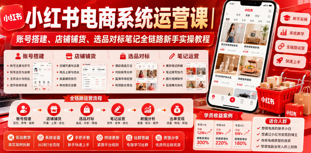 小红书电商系统运营课｜账号搭建、店铺铺货、选品对标笔记全链路新手实操教程-chywc