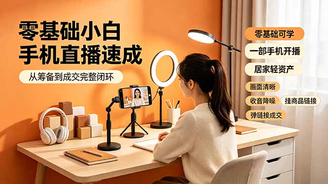 零基础小白手机直播速成，从筹备到成交完整闭环，适配苹果安卓系统，解决杂音卡顿留人难问题-chywc