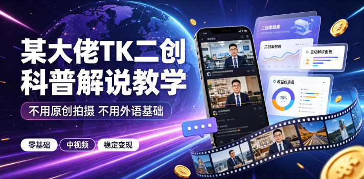 某大佬TK二创科普解说教学，不用原创拍摄不用外语基础，零基础做TikTok中视频稳定变现-chywc