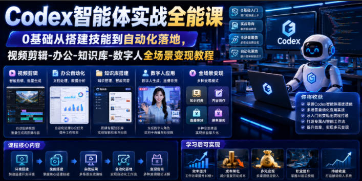 Codex智能体实战全能课｜0基础从搭建技能到自动化落地，视频剪辑-办公-知识库-数字人全场景变现教程-chywc
