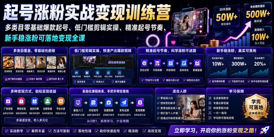 苗子起号涨粉实战变现训练营，多类目零基础爆款起号、精准起号节奏、新手稳涨粉可落地变现全课-chywc