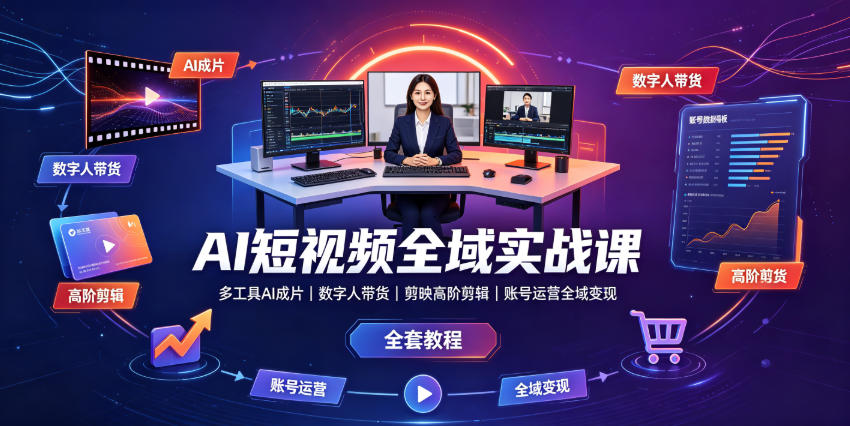 AI短视频全域实战课｜多工具AI成片、数字人带货、剪映高阶剪辑、账号运营全域变现全套教程-chywc