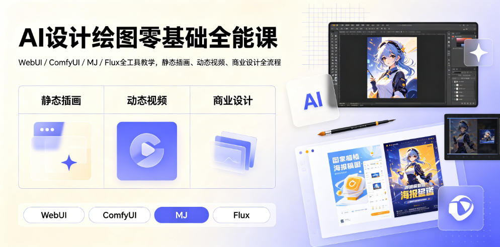 AI设计绘图零基础全能课｜WebUI/ComfyUI/MJ/Flux全工具教学，静态插画、动态视频、商业设计全流程-chywc