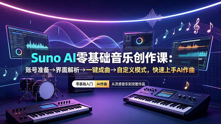 Suno AI零基础音乐创作课：账号准备→界面解析→一键成曲→自定义模式，快速上手AI作曲-chywc