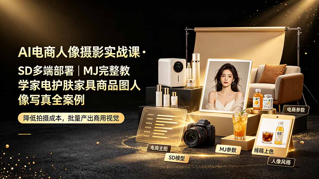 AI电商人像摄影实战课·SD多端部署｜MJ完整教学｜家电护肤家具商品图人像写真全案例-chywc