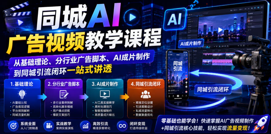 同城AI广告视频教学课程，从基础理论、分行业广告脚本、AI成片制作到同城引流闭环一站式讲透-chywc