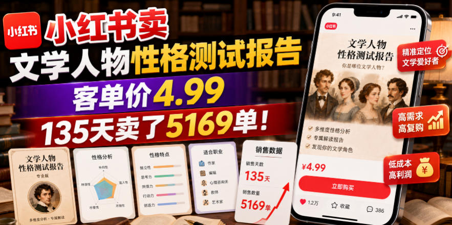 小红书卖文学人物性格测试报告，客单价4.99，135天卖了5169单！-chywc