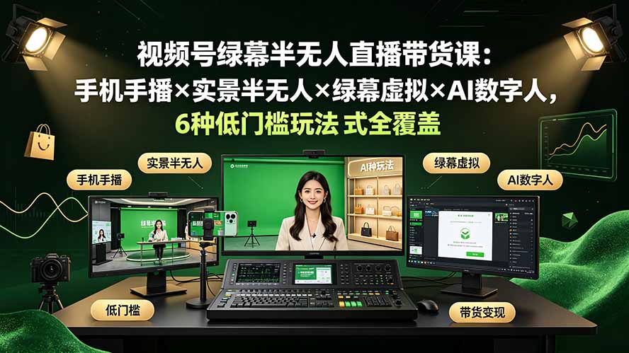 视频号绿幕半无人直播带货课：手机手播×实景半无人×绿幕虚拟×AI数字人，6种低门槛玩法全覆盖-chywc