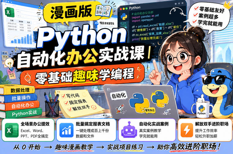 漫画版Python自动化办公实战课｜零基础趣味学编程，全场景办公提效、批量搞定报表文档、解放双手进阶职场-chywc