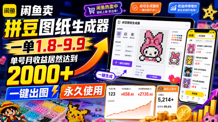 闲鱼卖拼豆图纸生成器，一单1.8-9.9，单号月收益居然达到2000+一键出图永久使用-chywc