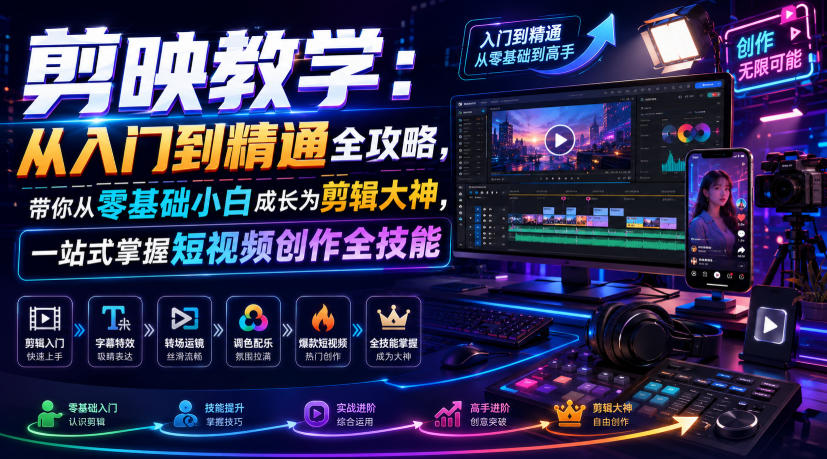 剪映教学：从入门到精通全攻略，带你从零基础小白成长为剪辑大神，一站式掌握短视频创作全技能-chywc