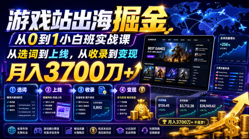 游戏站出海掘金从0到1小白实战课，从选词到上线，从收录到变现，月入3700刀+-chywc
