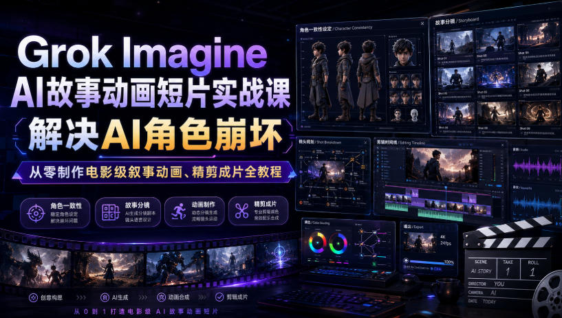 Grok Imagine AI故事动画短片实战课｜解决AI角色崩坏，从零制作电影级叙事动画、精剪成片全教程(中英字幕)-chywc