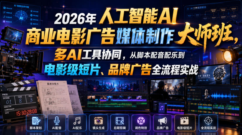 2026年人工智能AI商业电影广告媒体制作大师班，多AI工具协同，从脚本配音配乐到电影级短片、品牌广告全流程实战(中英字幕)-chywc