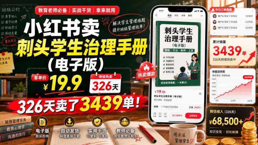 小红书卖刺头学生治理手册(电子版)，客单价19.9，326天卖了3439单！-chywc
