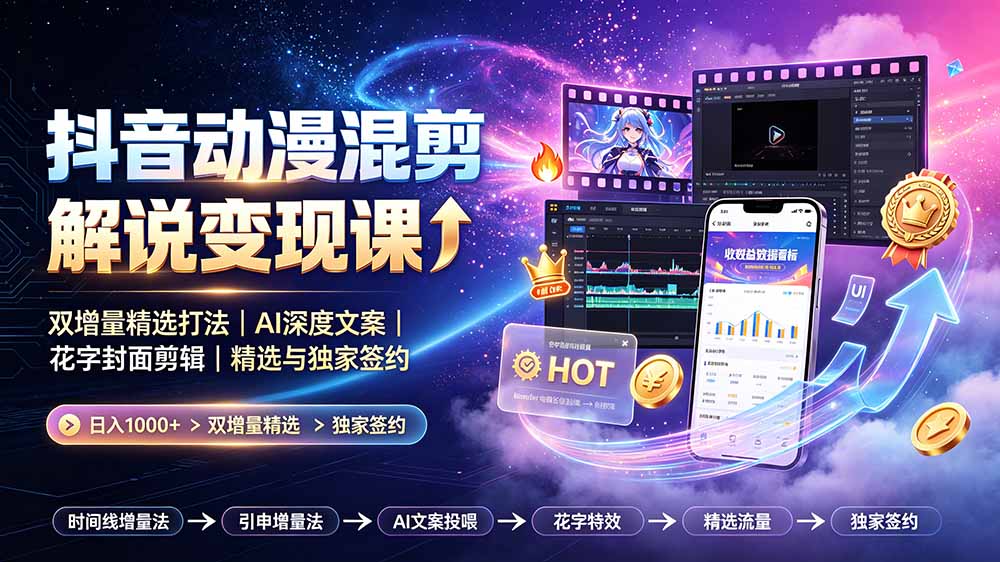 抖音动漫混剪解说变现课：双增量精选打法｜AI深度文案｜花字封面剪辑｜ 精选与独家签约日入1000+-chywc