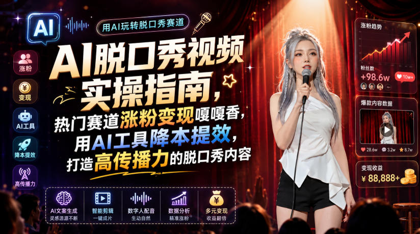 AI脱口秀视频实操指南，热门赛道涨粉变现嘎嘎香，用AI工具降本提效，打造高传播力的脱口秀内容-chywc