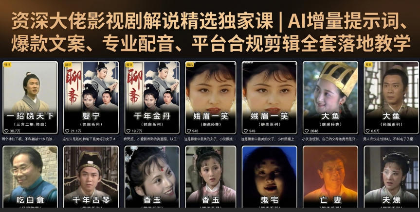 资深大佬影视剧解说精选独家课｜AI增量提示词、爆款文案、专业配音、平台合规剪辑全套落地教学-chywc