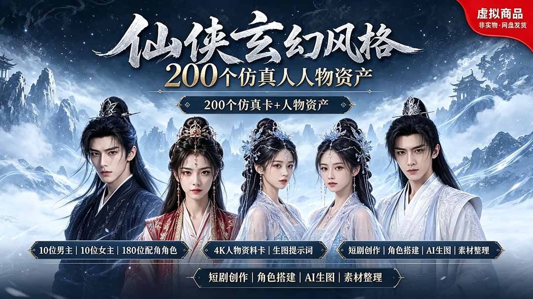 200个仙侠玄幻仿真人素材◆10男主×10女主×180配角，4K资料卡+AI生图提示词，漫剧必备-chywc