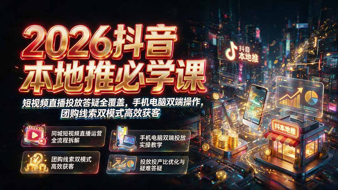 2026抖音本地推必学课｜短视频直播投放答疑全覆盖，手机电脑双端操作，团购线索双模式高效获客-chywc