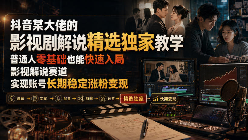抖音某大佬的影视剧解说精选独家教学，普通人零基础也能快速入局影视解说赛道，实现账号长期稳定变现-chywc