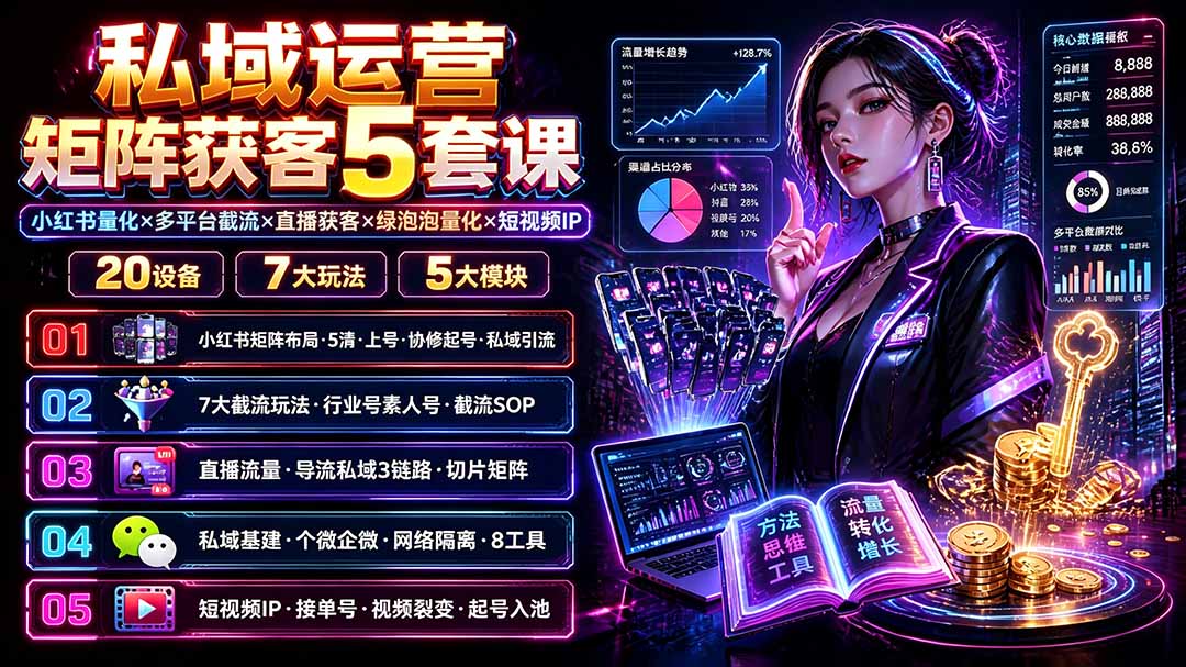 私域运营矩阵获客5套课：小红书量化×多平台截流×直播获客×绿泡泡量化×短视频IP×20设备×7大玩法-chywc