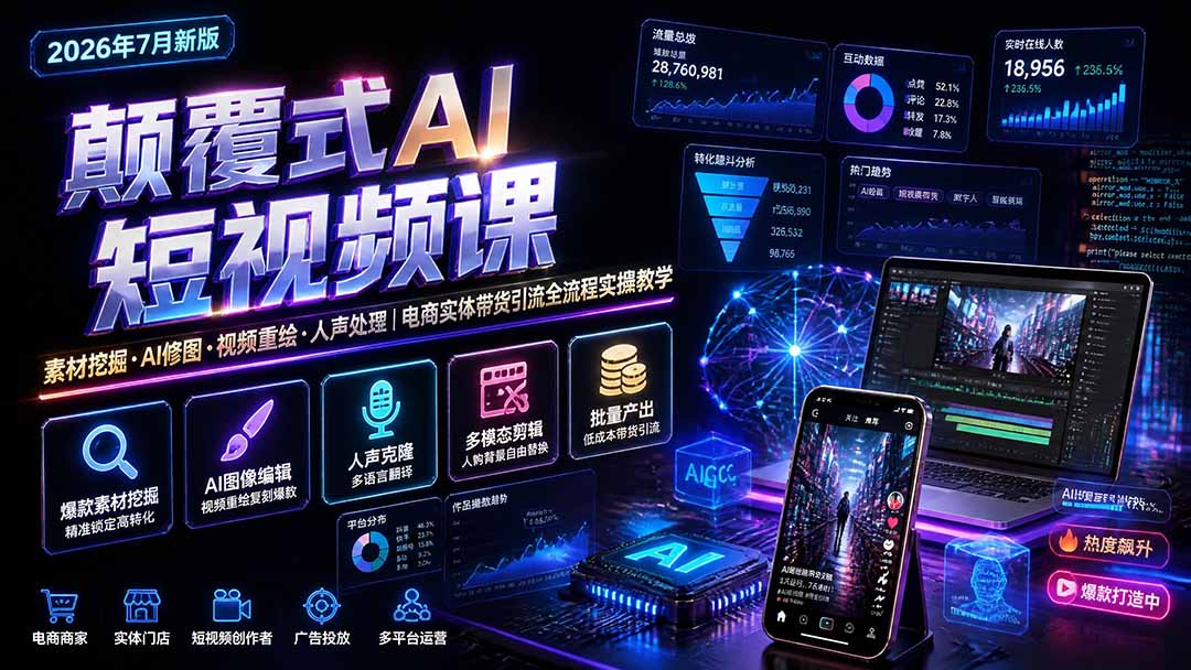 颠覆式AI短视频课｜素材挖掘，AI修图，视频重绘，人声处理｜电商实体带货引流全流程实操教学-chywc
